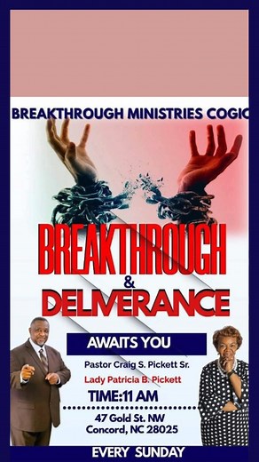 Looking for a church where you can experience God’s presence and real-life change? Breakthrough Ministries COGIC is a place of hope, healing, and family. Join Pastor Craig Pickett this Sunday at 11:00 AM for powerful worship, a life-changing Word, and a loving church family ready to welcome you. 📍 47 Gold Street NW, Concord, NC 28025 ✅ Click “Learn More” to Plan Your Visit and let us know you’re coming – we’ll be ready for you! | Breakthrough Ministries COGIC