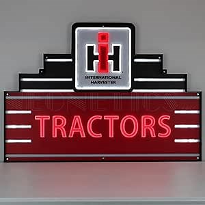 Art Deco Marquee International Harvester Tractors Led Flex-Neon Sign In Steel Can by Neonetics, officially licensed by Case IH, red and white lighted tubes, 39x28 - sku 29ADIHT