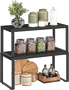 Black Expandable Stackable Shelf Set of 2, 6 Shelves, Compact Kitchen Countertop Spice Racks, Kitchen Organization