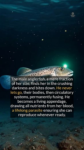 72K views · 169 reactions | Explore the incredible and often bizarre mating ritual of the deep-sea anglerfish, a classic example of evolutionary adaptation. #facts #nature #deepsea #survival | World in Focus | Facebook