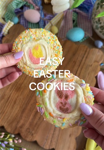 The easiest, cutest, double stack cookies - Easter edition! Save this recipe for a festive treat that’s so simple to make. Have you tried these yet? 🐰🐣 How to make: - Slice a @Pillsbury sugar cookie dough roll into 1/2” slices and roll each piece into a ball - Roll the cookie dough in festive sprinkles until fully coated and place 2-3 inches apart on a parchment-lined baking sheet - Bake at 350°F for 3 minutes - Take out and press a Pillsbury Bunny or Chick Shape Sugar Cookie into the center o