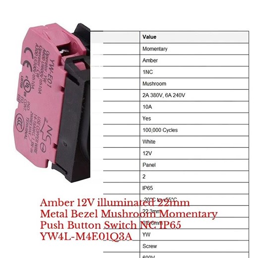Amber 12V illuminated 22mm Metal Bezel Mushroom Momentary Push Button Switch NC IP65
