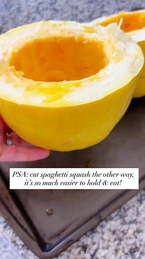 1.4K views | This is one of my favorite cooking hacks, I love spaghetti squash but i like to eat it right out of the shell. By simply cutting it the other direction, you have a makeshift bowl. No more giant, clumsy half shell of spaghetti squash falling on a plate! | Laughingspatula.com | Facebook