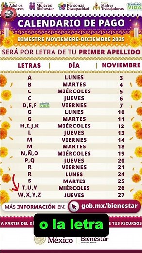 calendario de PAGOS de NOVIEMBRE 2025 letra W, X, Y, Z | ¿Cuando pagan la pension bienestar?