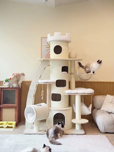 6.6 FT Tall Cat Castle with Ladder | Large Solid Wood Cat Tree for Big Cats & Multi-Cat Homes