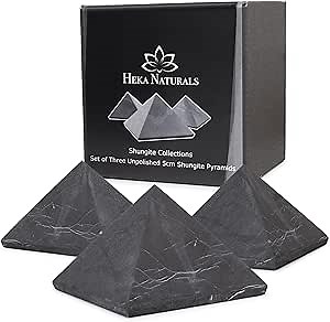 Heka Naturals Unpolished Shungite Black Stone Pyramid Set | Desk Decor Shungite Stone for Home or Office (2 Inch Pyramid, Unpolished (Set of 3))