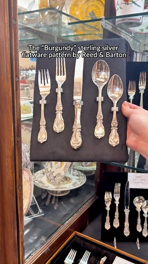 Replacements, Ltd. on Instagram: "What does high fashion and this flatware design have in common? The "Burgundy" sterling silver flatware pattern by Reed & Barton was first introduced in 1949, and through the power of marketing, tied it to high fashion appeal. Couturier Henri Bendal even designed a "Burgundy" inspired evening gown, which was made into miniatures and sent to dealers for window displays. Explore Burgundy using our bio link today. #sterlingsilver #heirloom #flatware #homedecor #tab