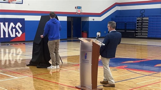 Kon Knueppel in a private ceremony at Wisconsin Lutheran HS with his signed Duke jersey unveiled to be displayed in the school’s hall #NBA | Lance Allan