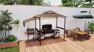 Outsunny 8' x 5' Grill Gazebo, Double Tiered Outdoor BBQ Gazebo with Side Awning, 2 Side Shelves and 6 Hooks for Patio, Deck, Yard, Brown