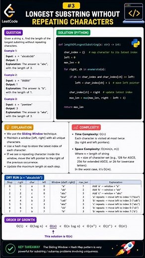 LeetCode #3 | Longest Substring Without Repeating Characters Python Solution | O(n) Sliding Window