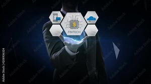 Businessman opens palm, Fin-tech icon and various graph. Futuristic financial technology. 4k movie. version 2.