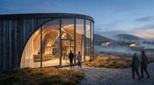 Afterform Studio on Instagram: "Lake House, designed and visualised by afterform, is an architectural concept that harmonizes organic form with a rugged, ethereal landscape. The project is defined by clusters of timber-clad structures arranged in radial, flower-like formations that appear to naturally “bloom” from the rolling hills and marshland. Connected by winding paths, the buildings feature weathered wood facades and sweeping curved glass windows, dissolving the boundary between the warm in
