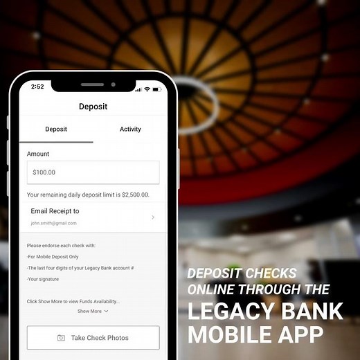 Legacy Bank - Deposit Checks Online: Legacy Mobile App - May 2023