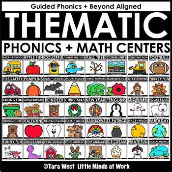 Thematic Phonics and Math Centers Themed Yearlong BUNDLE | Science of Reading