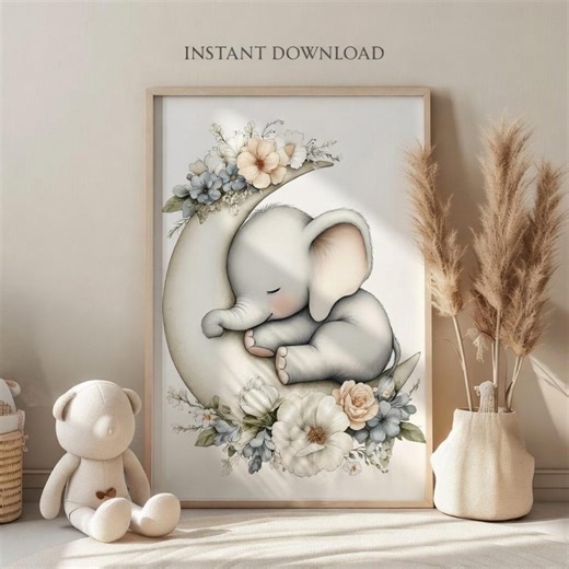 Baby Elephant Moon Wall Art Printable, Star Nursery Decor, Neutral Baby Animal Print, Sleeping Elephant Nursery Art, Beige Kids Room Decor - Etsy