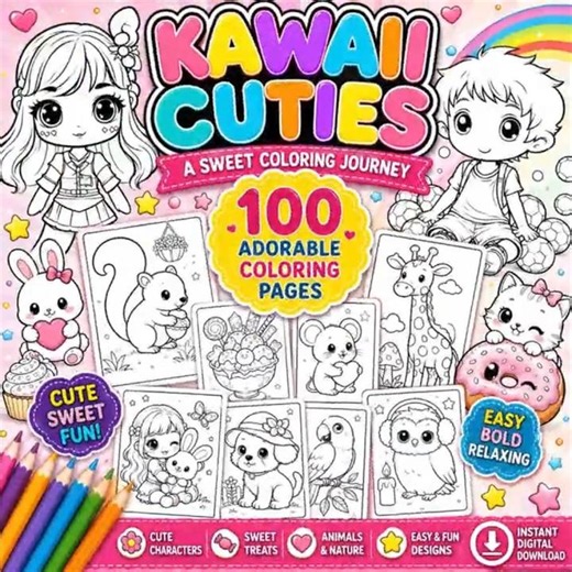 🌈 Kawaii Cuties Coloring Book | 100 Adorable Coloring Pages for Kids & Beginners 🌈 #kawaiicoloring