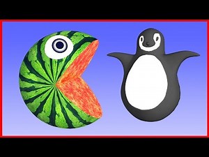 Pacman Watermelon with as he Finds a Penguin and Rolling around Farm Surprise Toy for Kids