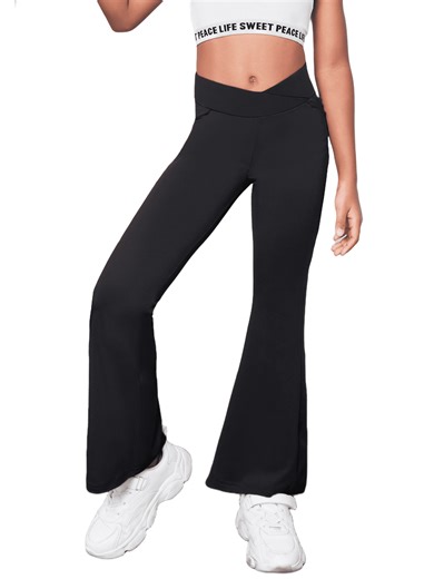 Oudiya Girls Flare Leggings High Waisted Casual V Crossover Pants Yoga Bell Bottoms with Pockets for Kids 5-14Y