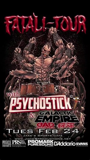 Psychostick is coming to Jake's Sports Cafe & Backroom on February 24th! Also on the bill is Galactic Empire, Day After Dead, and Sleep When We're Dead!🔥 This is going to be a good time! Grab your tickets and come bang your head!!🤘🏼 🎟️Advance tickets available @ www.JandBproductions.net or Ralph's Records! See you there!!🫡 #psychostick#galaticempire#lubbock#texas#comedymetal