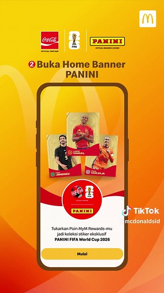 Jangan sampe koleksimu bolong pas final FIFA World Cup™️ 2026! ⚽🔥 Tukar poin MyM Rewards sekarang, sikat sticker pemain favoritmu sebelum kehabisan. Minggu ini masih ada, minggu depan belum tentu lho Hanya di Aplikasi McDonald's
