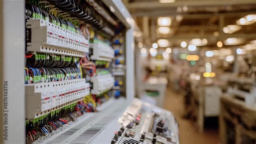 312Interior view of control panel, color-coded wires neatly routed to switches and circuit breakers, metallic surfaces reflecting warm light, close-up showing engineering precision