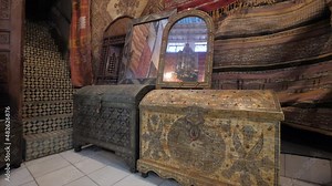 Treasury room.Shop with vintage treasury box,mirror,and carpet.