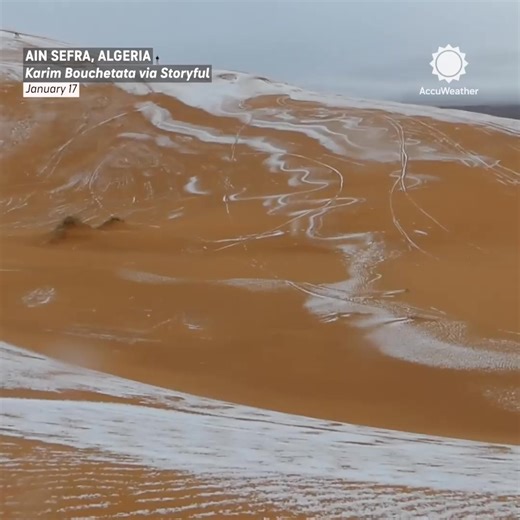 When winter meets the desert 🌨️❄️ Rare snowfall dusts the Sahara Desert near Ain Sefra, Algeria.⁣ Located on the northern edge of the Sahara, Ain Sefra sees snow every few years, and it usually melts quickly. | AccuWeather