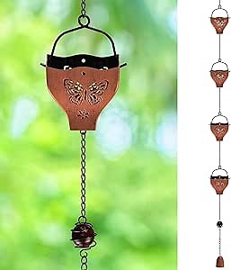 Rain Chains for Gutters Downspouts, Metal Rain Chains with 8 Butterfly Decor Rain Collector Cups, Rainwater Catcher Chain with Bell for Outside Decor (Vintage Copper)
