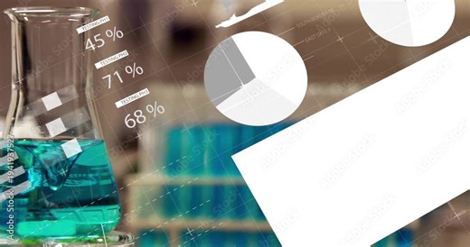 Overlay appearing, animated graphics sliding and updating numbers around beaker to show lab data