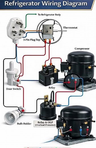 Refrigerator Complete Wiring Diagram | Compressor, Relay & Thermostat Connection Explained