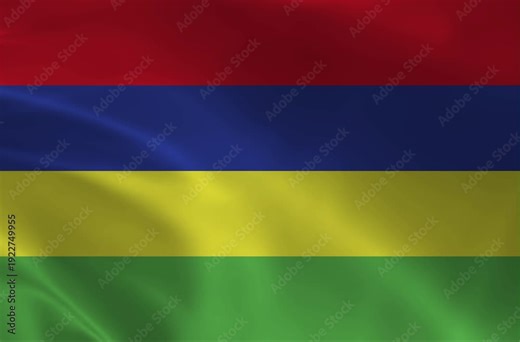 Mauritius National Flag Waving: Red Blue Yellow Green Horizontal Stripes, Realistic 3D Silk Fabric Texture Background