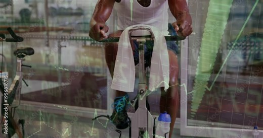 Male rider after first pedal push, pedaling hard for training, charts and green arrows overlaying