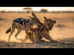Jackal vs Lion | A rare fight between a jackal and a lion cub...