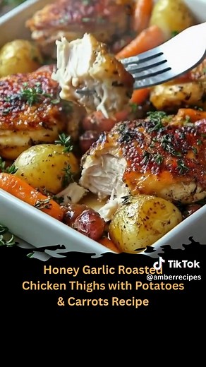 Honey Garlic Roasted Chicken Thighs with Potatoes & Carrots One pan, no fuss — juicy chicken with crispy skin, tender veggies, and sticky garlic-herb glaze. Perfect for weeknights and Sunday dinners. ✨ Recipe instructions is on my page! It’s right under my profile picture ⬆️