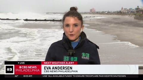 Wind casts sand around shoreline as surf in New Jersey begins to strengthen due to nor'easter