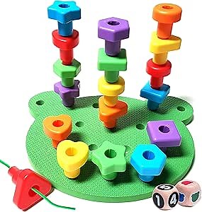 Jumbo Stacking Shapes Pegboard Set for Kids with 18 Pegs, 2 Wooden Dice, Lacing String & Storage Box (Light Rainbow Colors)