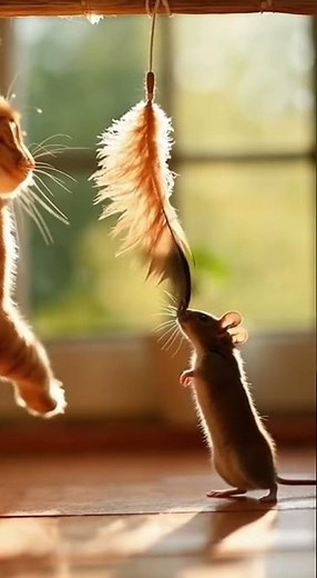 Cat vs Mouse… Over One Feather 😼🪶🐭”
