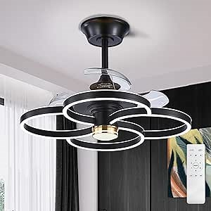 Fandelier Ceiling Fan with Light: Modern Flower Ceiling Fan Light with Remote - Black Retractable Fan Light Ceiling for Bedroom, Living Room - Silent DC Motor, 3 Color Change, 25.6"