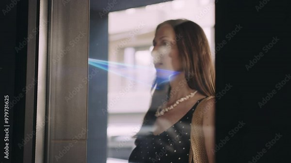 Smart Door Security System Scanning Woman's Face For Biometric Authentication Facial Recognition Technology Access Control