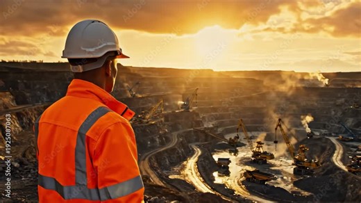 Engineer Overseeing Open Pit Mine Operations at Sunset.
