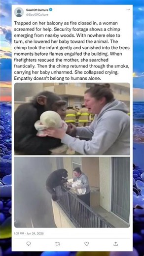 Chimpanzee Rescues Baby From Burning Building #Chimpanzee #HeroAnimal #BabyRescue #AnimalHero