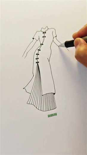 Simple Line Drawing: Beautiful Girl in Blue Cheongsam with Toilet Paper