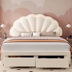 Homfa Full Size LED Bed Frame with Drawer, Velvet Upholstered Platform Full Bed with Adjustable Petal Headboard, Beige