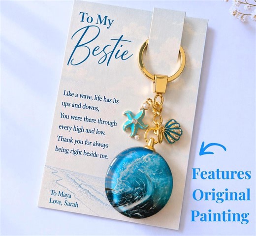 Personalized Best Friend Birthday Gift Women Handmade Keychain Coastal Resin Art Custom Greeting Card Friendship Charm Purse Bag Accessory - Etsy