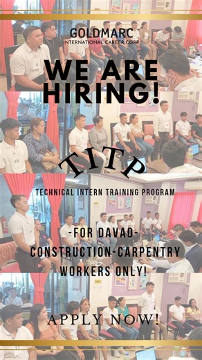🏗️ WE ARE HIRING! For Construction – Carpentry positions 🇯🇵 📍 Davao applicants only! 📅 Bagong Schedules ng Orientation: 🗓️ October 30, 2025 🗓️ November 5, 2025 🗓️ November 8, 2025 🗓️ November 14, 2025 🗓️ November 19, 2025 🕐 1:00 PM 📍 Via Zoom 🔗 Scan the QR code or click the link to register: 👉 https://forms.gle/sdyjzrXmDNq5WYrk7 ✅ QUALIFICATIONS: - Physically and mentally healthy - Willing to study Nihongo and Carpentry skills - Preferably 20–33 years old - Preferably with Carpentr