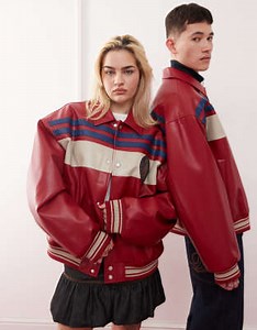 COLLUSION unisex oversized spliced PU bomber jacket in red | ASOS