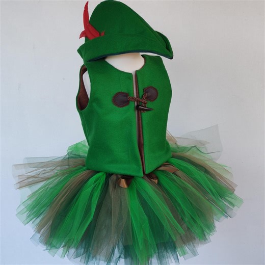 Robin Hood costume for boys or girls aged 2 to 8, felt jacket and hat, tulle skirt