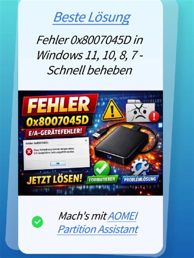 Fehler 0x8007045D beheben – Externe Festplatte retten! 💾🔥 Hast du beim Kopieren von Dateien auf deine externe Festplatte den Fehler 0x8007045D bekommen? 😱 Keine Sorge! Dieser I/O-Gerätefehler tritt oft bei Verbindungsproblemen oder fehlerhaften Sektoren auf. Eine einfache Lösung: Externe Festplatte formatieren – zum Beispiel mit AOMEI Partition Assistant, der NTFS, FAT32, exFAT uvm. unterstützt. 🔧 Wenn dir das Video geholfen hat, like & kommentiere, um anderen auch zu helfen! 👍💬 #Windows10