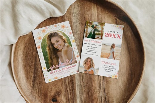 Floral Graduation Invitation Template, Spring Flower Senior Girl Graduate Announcement Wildflower 2026 Photo Grad Party Card Invite Editable - Etsy