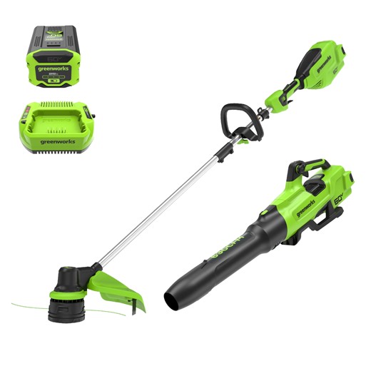 Greenworks 60V 16" String Trimmer & 630 CFM 170 MPH Blower Combo 2.5Ah Battery, 3A Charger 1359802